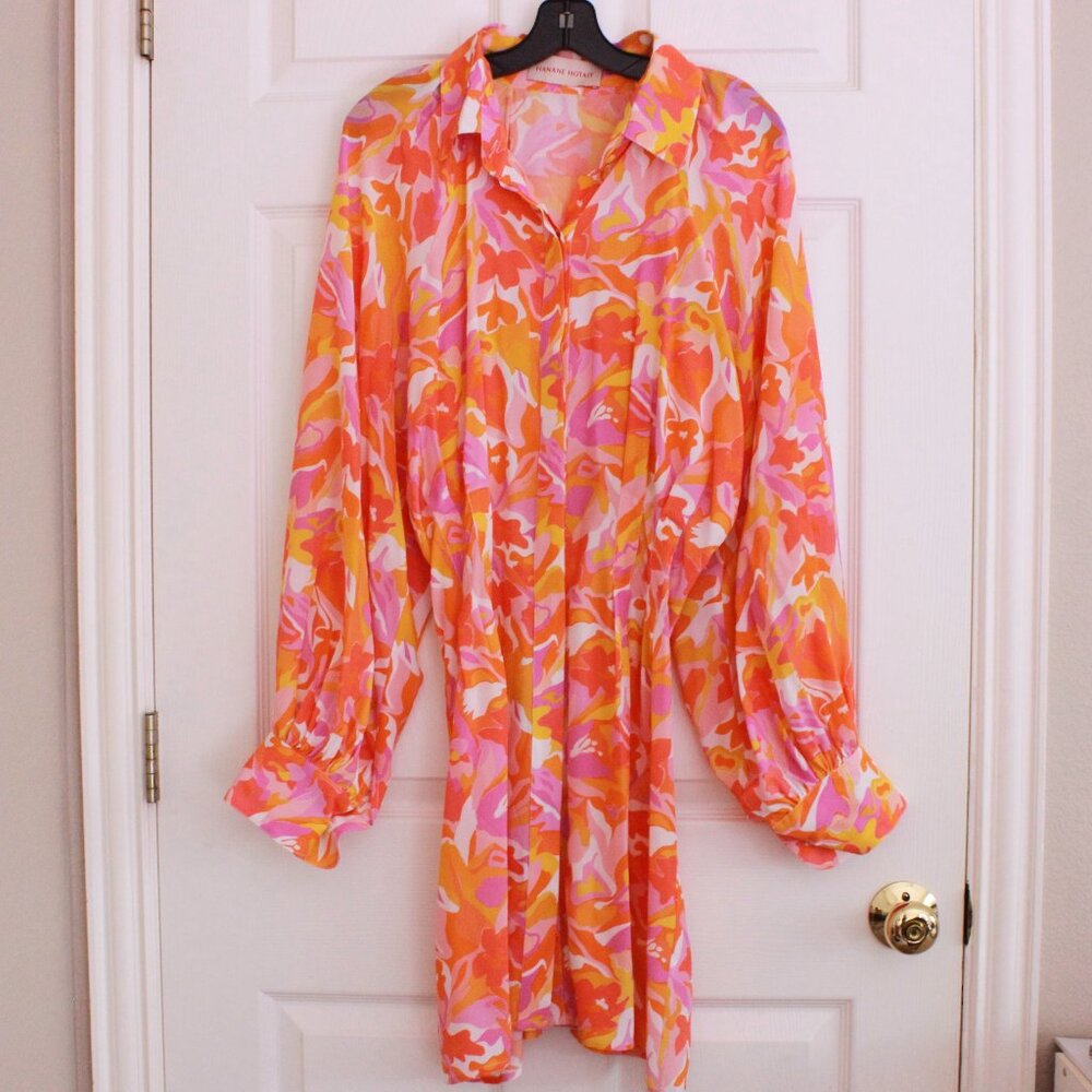 Hanane Hotait Mulitcolor Printed Silk Long Puff Sleeve Button Down Dress